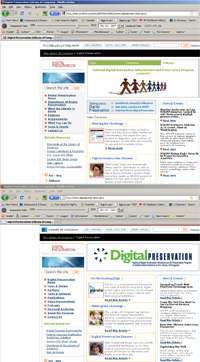 Screenshots of digitalpreservation.gov from 2007 (top) and 2010 (bottom) using the MementoFox plugin. 