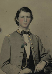 Unidentified soldier in Confederate frock coat with gold trim. Credit: LC, Prints and Photographs Division, LC-DIG-ppmsca-40604